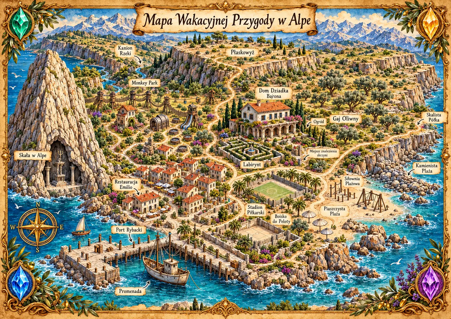 Ilustrowana mapa Alpe: Skała w Alpe, Port Rybacki, Gaj Oliwny, Labirynt, plaże i promenada