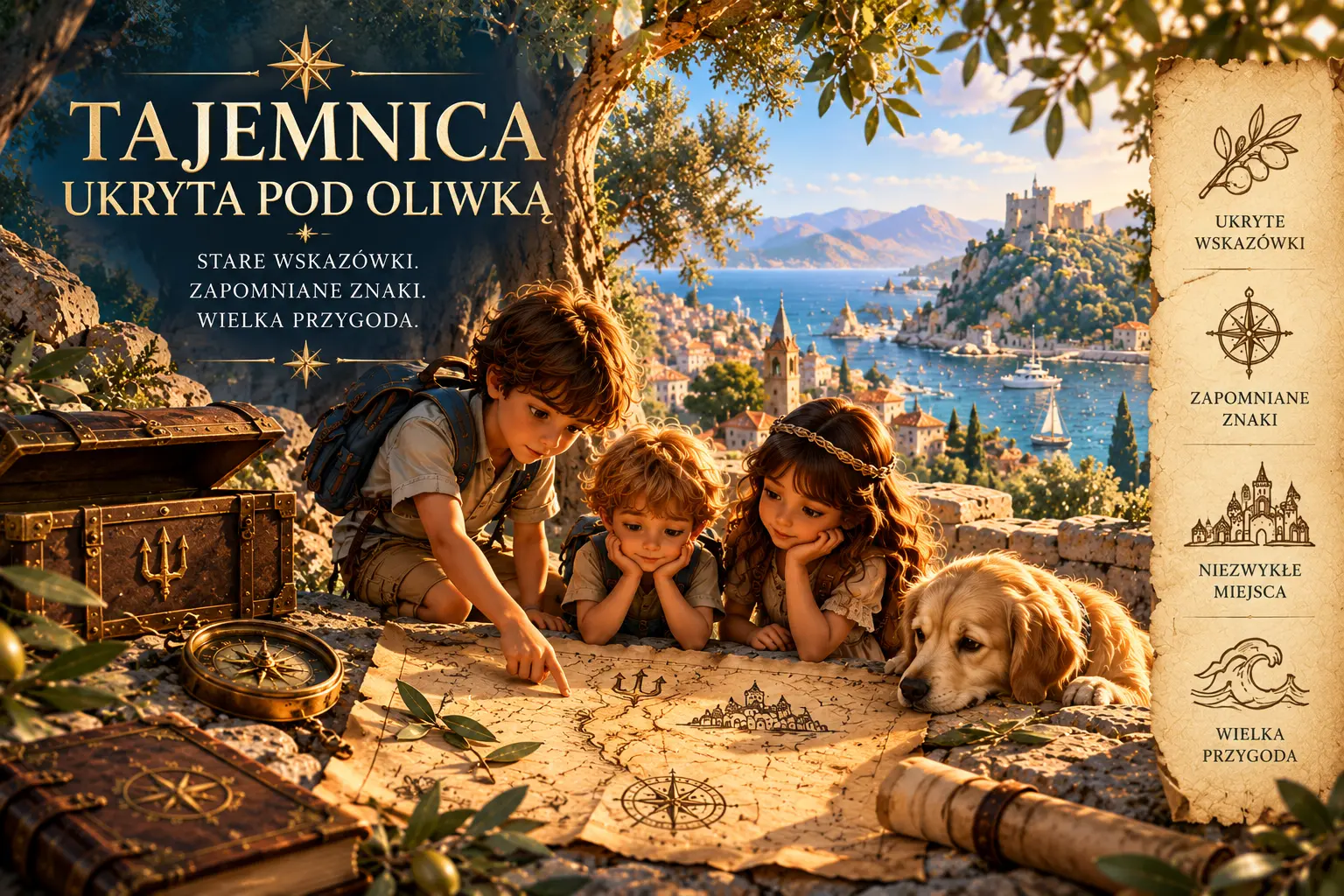 Tajemnica ukryta pod oliwką — dzieci ze skrzynią i mapą pod drzewem oliwnym