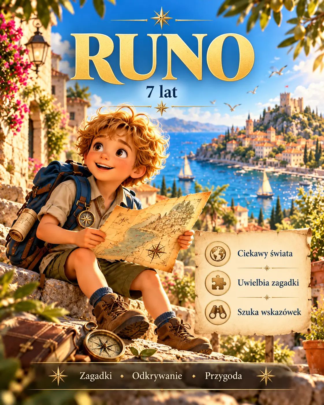 Runo, 7 lat — z mapą pełną zagadek na tle Alpe