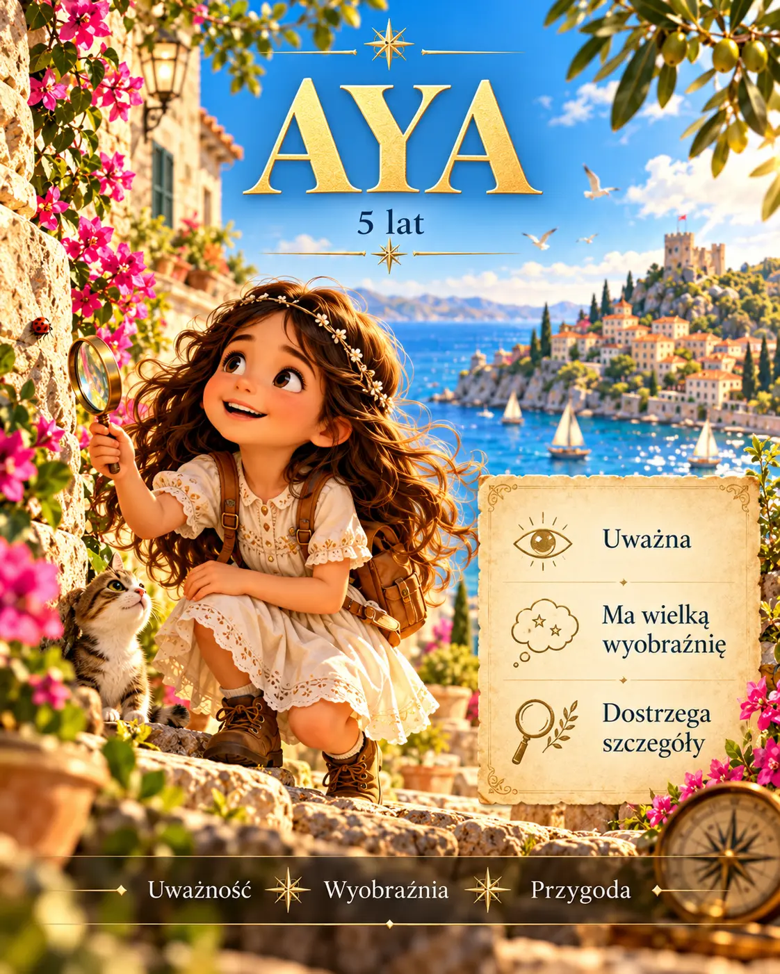 Aya, 5 lat — z lupą, uważnie obserwuje świat Alpe